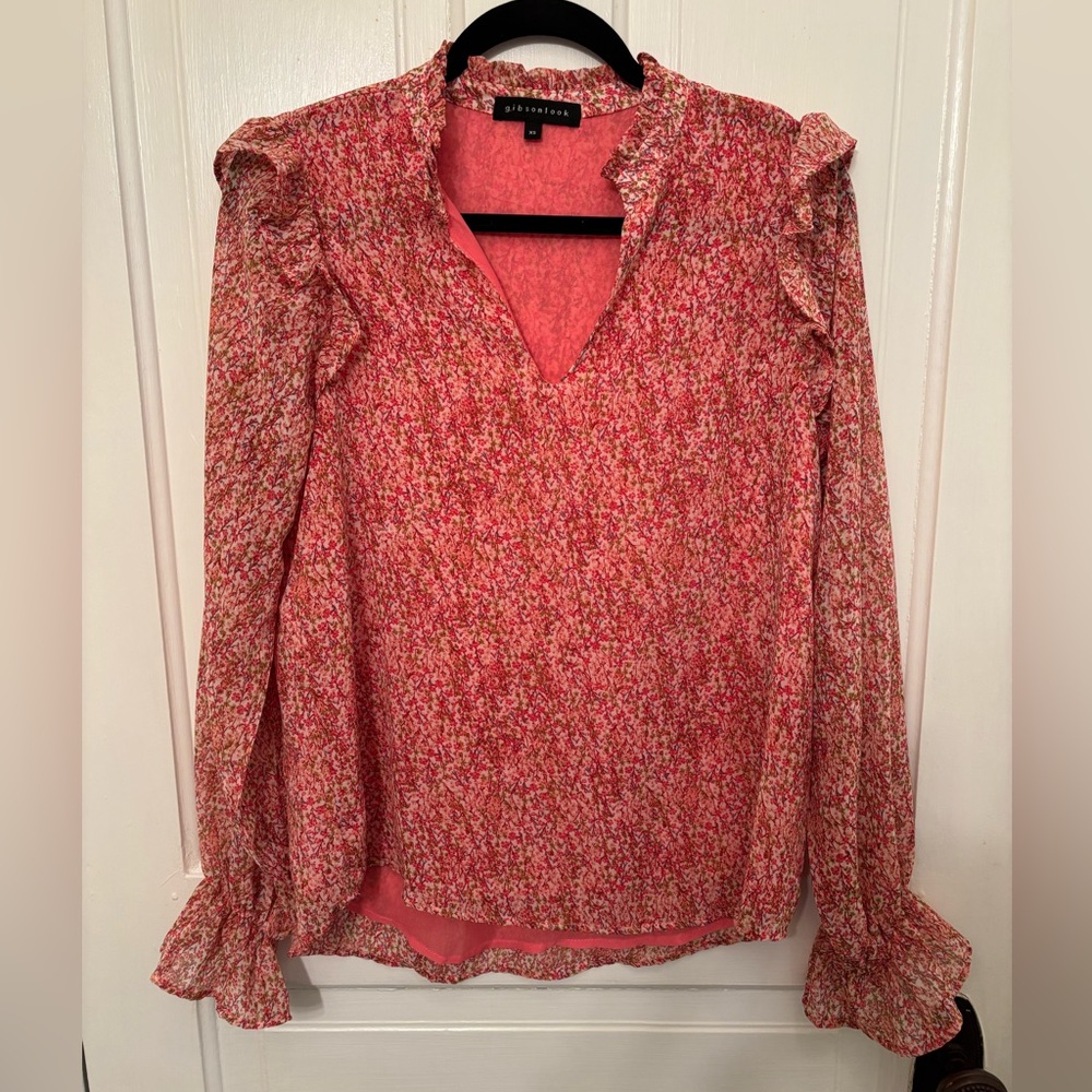 Gibson Pink Floral Ruffle Women's Top XS